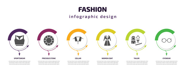 fashion infographic template with icons and 6 step or option. fashion icons such as sportswear, precious stone, collar, women coat, tailor, eyewear vector. can be used for banner, info graph, web,