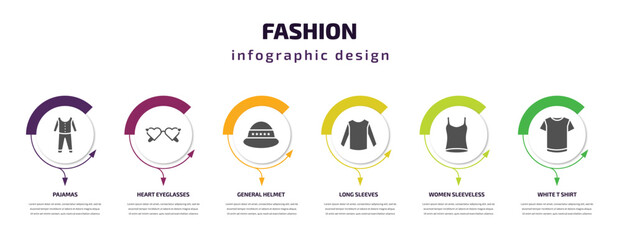 Fototapeta premium fashion infographic template with icons and 6 step or option. fashion icons such as pajamas, heart eyeglasses, general helmet, long sleeves, women sleeveless shirt, white t shirt vector. can be used