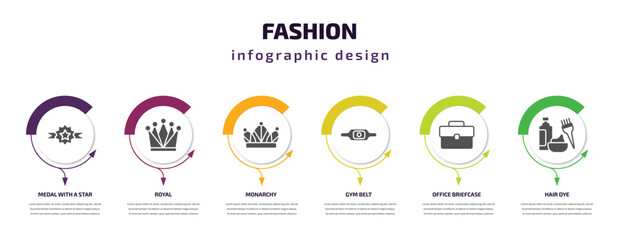 fashion infographic template with icons and 6 step or option. fashion icons such as medal with a star, royal, monarchy, gym belt, office briefcase, hair dye vector. can be used for banner, info