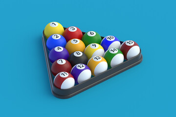 Naklejka premium Billiard balls in plastic triangle. Game for leisure. Sports equipment. 3d render