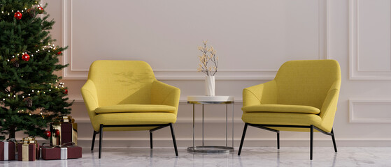 Elegance living room with yellow armchairs, side table, Christmas tree, and moulding white wall.