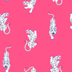 Vector pattern tigers on the pink background. - 540942906