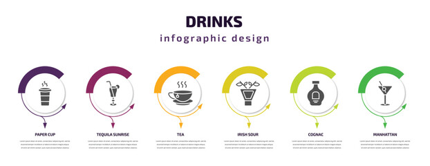 drinks infographic template with icons and 6 step or option. drinks icons such as paper cup, tequila sunrise, tea, irish sour, cognac, manhattan vector. can be used for banner, info graph, web,