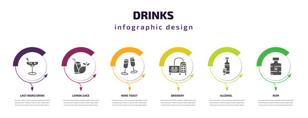 drinks infographic template with icons and 6 step or option. drinks icons such as last word drink, lemon juice, wine toast, brewery, alcohol, rum vector. can be used for banner, info graph, web,