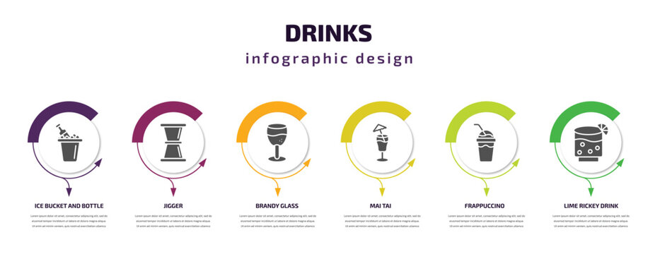 drinks infographic template with icons and 6 step or option. drinks icons such as ice bucket and bottle, jigger, brandy glass, mai tai, frappuccino, lime rickey drink vector. can be used for banner,
