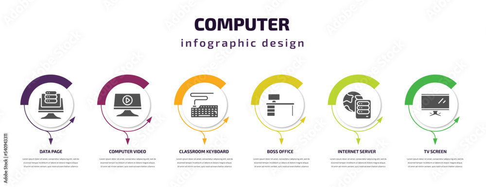 Poster computer infographic template with icons and 6 step or option. computer icons such as data page, com