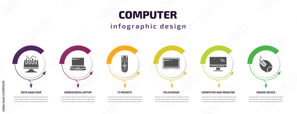 Poster computer infographic template with icons and 6 step or option. computer icons such as data analyser,