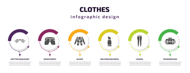 Fototapeta premium clothes infographic template with icons and 6 step or option. clothes icons such as shutter sunglasses, denim shorts, blazer, one shoulder dress, leggins, messenger bag vector. can be used for