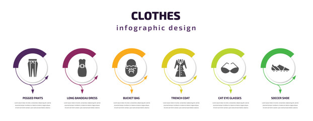 clothes infographic template with icons and 6 step or option. clothes icons such as pegged pants, long bandeau dress, bucket bag, trench coat, cat eye glasses, soccer shoe vector. can be used for