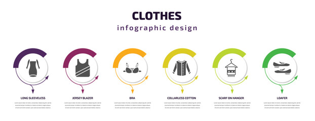 clothes infographic template with icons and 6 step or option. clothes icons such as long sleeveless dress, jersey blazer, bra, collarless cotton shirt, scarf on hanger, loafer vector. can be used