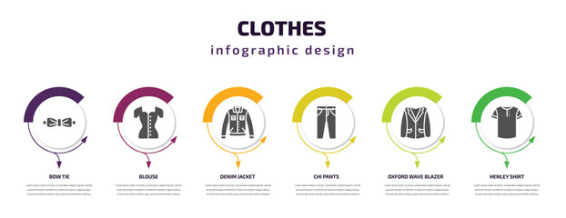 clothes infographic template with icons and 6 step or option. clothes icons such as bow tie, blouse, denim jacket, chi pants, oxford wave blazer, henley shirt vector. can be used for banner, info