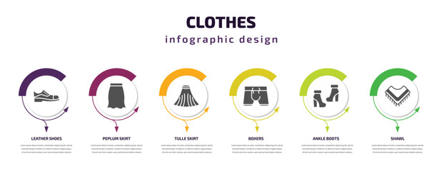 Fototapeta premium clothes infographic template with icons and 6 step or option. clothes icons such as leather shoes, peplum skirt, tulle skirt, boxers, ankle boots, shawl vector. can be used for banner, info graph,
