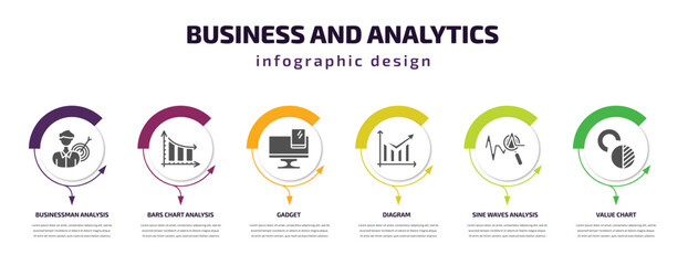Fototapeta premium business and analytics infographic template with icons and 6 step or option. business and analytics icons such as businessman analysis, bars chart analysis, gadget, diagram, sine waves analysis,