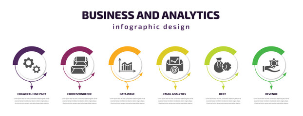 business and analytics infographic template with icons and 6 step or option. business and analytics icons such as cogwheel hine part, correspondence, data wave, email analytics, debt, revenue