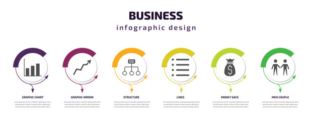 business infographic template with icons and 6 step or option. business icons such as graphic chart, graphic arrow, structure, lines, money sack, men couple vector. can be used for banner, info