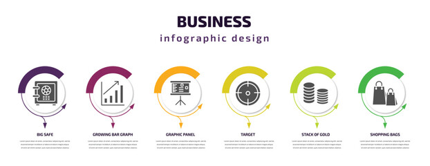 business infographic template with icons and 6 step or option. business icons such as big safe, growing bar graph, graphic panel, target, stack of gold, shopping bags vector. can be used for banner,