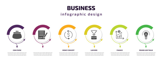 business infographic template with icons and 6 step or option. business icons such as coin purse, , money convert, lanyard, finance, round light bulb vector. can be used for banner, info graph,