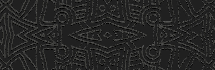 Banner, vintage cover design. Embossed geometric 3d pattern on a black background, paper press, boho style, handmade. Tribal exotic ethnos, ornamental texture.