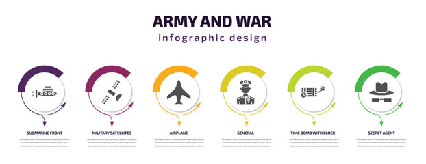 army and war infographic template with icons and 6 step or option. army and war icons such as submarine front view, military satellites, airplane, general, time bomb with clock, secret agent vector.