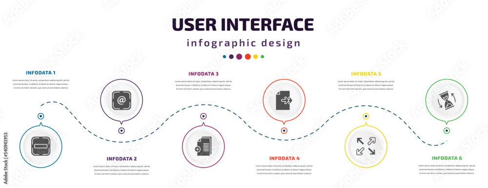 Aufkleber user interface infographic element with icons and 6 step or option. user interface icons such as sub