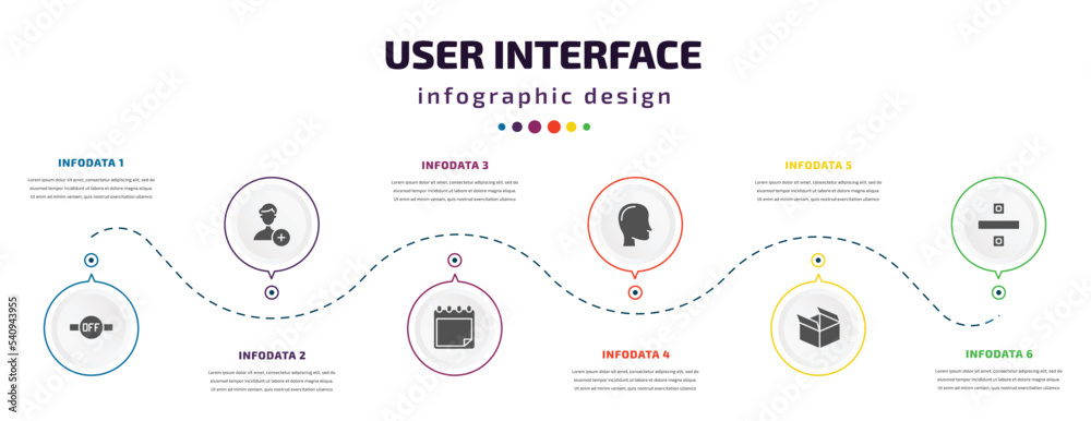 Poster user interface infographic element with icons and 6 step or option. user interface icons such as des