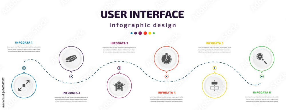 Poster user interface infographic element with icons and 6 step or option. user interface icons such as enl