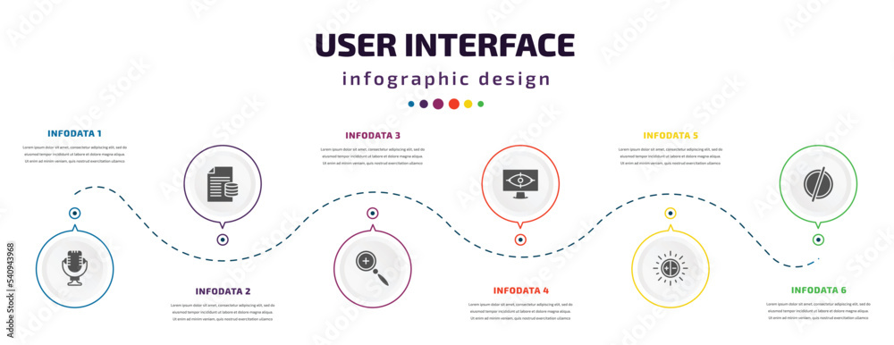 Aufkleber user interface infographic element with icons and 6 step or option. user interface icons such as voi