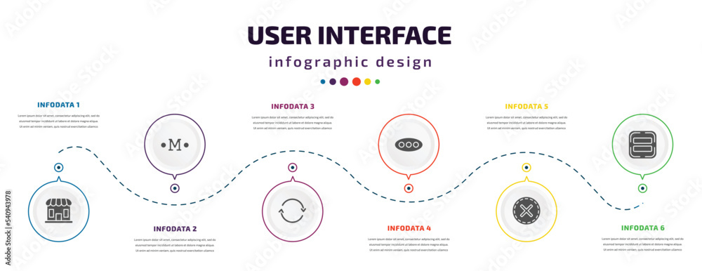 Poster user interface infographic element with icons and 6 step or option. user interface icons such as sto