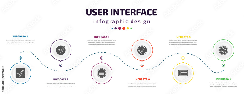 Poster user interface infographic element with icons and 6 step or option. user interface icons such as che