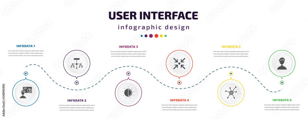 Poster user interface infographic element with icons and 6 step or option. user interface icons such as per