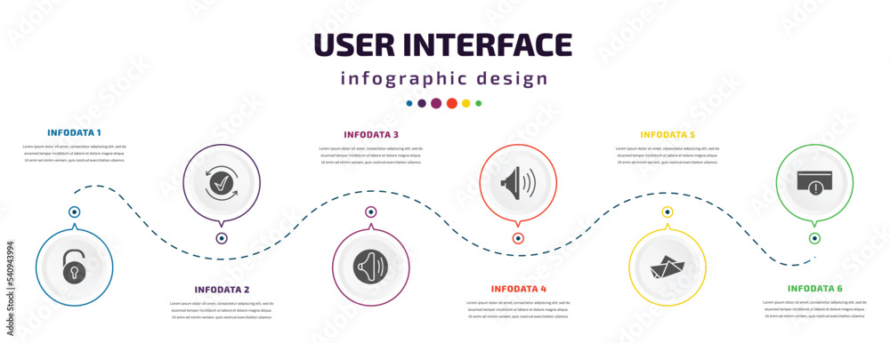 Poster user interface infographic element with icons and 6 step or option. user interface icons such as unb
