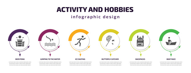 Fototapeta premium activity and hobbies infographic template with icons and 6 step or option. activity and hobbies icons such as beer pong, jumping to the water, ice skating, butterfly catcher, backpacks, boat race