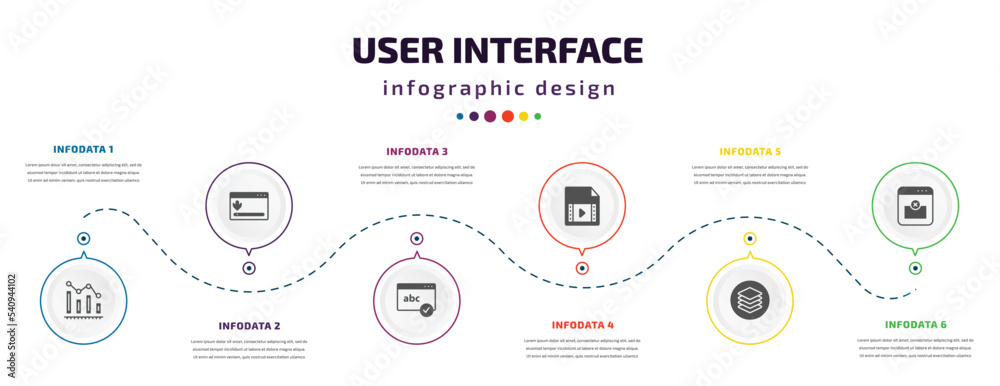 Poster user interface infographic element with icons and 6 step or option. user interface icons such as dec