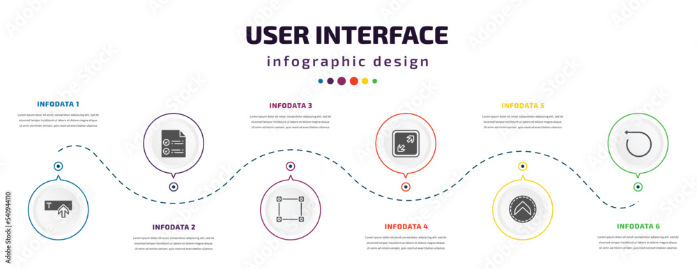 Poster user interface infographic element with icons and 6 step or option. user interface icons such as tex