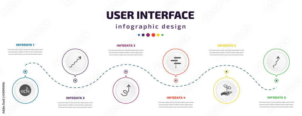 Poster user interface infographic element with icons and 6 step or option. user interface icons such as mus