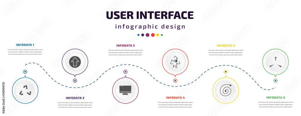 Poster user interface infographic element with icons and 6 step or option. user interface icons such as rec