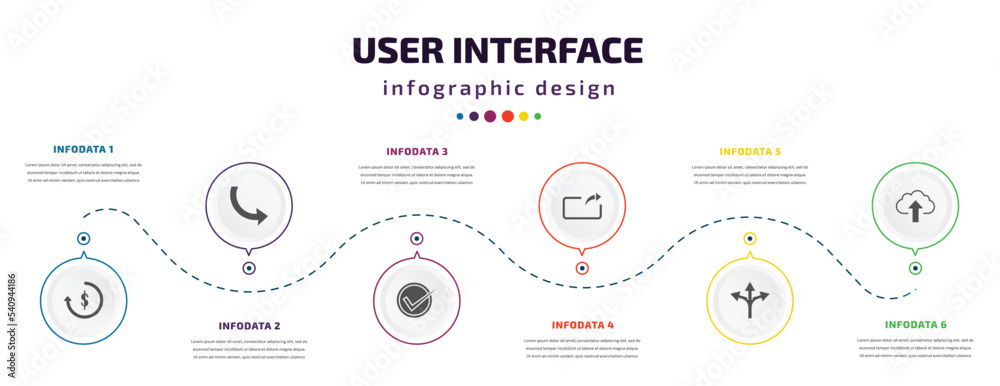 Poster user interface infographic element with icons and 6 step or option. user interface icons such as repaying, curve arrows, right, export arrow, crossroad, cloud upload vector. can be used for banner,