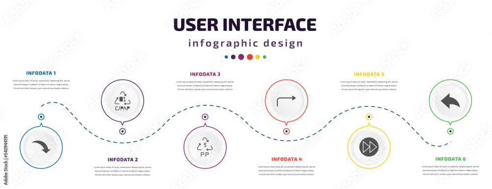Poster user interface infographic element with icons and 6 step or option. user interface icons such as cur