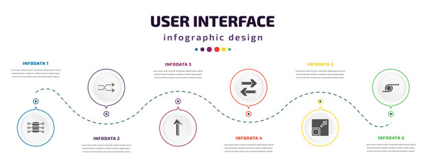 user interface infographic element with icons and 6 step or option. user interface icons such as data analytics cylinder, crossover, 3d up arrow, updating arrow, size, right loop arrow vector. can
