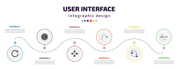user interface infographic element with icons and 6 step or option. user interface icons such as redo arrow, round left button, four expand arrows, sketched arrow, exchange personel, alu vector. can - obrazy, fototapety, plakaty