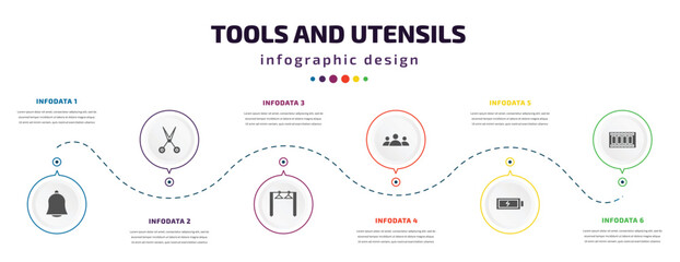 tools and utensils infographic element with icons and 6 step or option. tools and utensils icons such as hanging bell, open scissors, clothes rack, squad, charged battery, film strip photograms