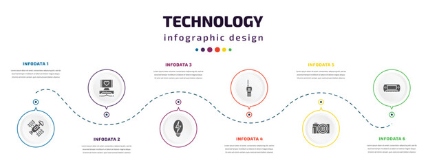 technology infographic element with icons and 6 step or option. technology icons such as space satellite, electrocardiogram line, electric, big walkie talkie, digital photo camera, vector. can be