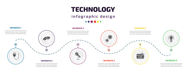 technology infographic element with icons and 6 step or option. technology icons such as basic plug, contact lens, big microphone, services, vintage digital camera, light on vector. can be used for