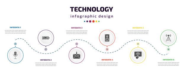technology infographic element with icons and 6 step or option. technology icons such as basic microphone, battery power, received, sound box, touchscreen, cell tower vector. can be used for banner,