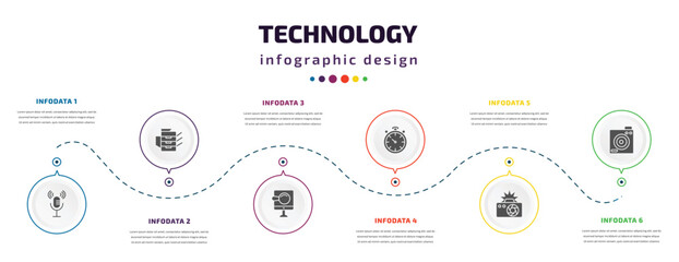 technology infographic element with icons and 6 step or option. technology icons such as microphone voice, photocopier, digitate, stopwatch running, camera flash, retro squared camera vector. can be