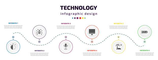 technology infographic element with icons and 6 step or option. technology icons such as half hour, robot insect, old mic, simple screen, holidays, battery with two bars vector. can be used for