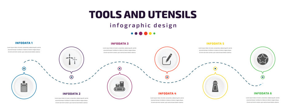 tools and utensils infographic element with icons and 6 step or option. tools and utensils icons such as printing calculator, windmills, packing hine, edit picture, pepper container, highlight