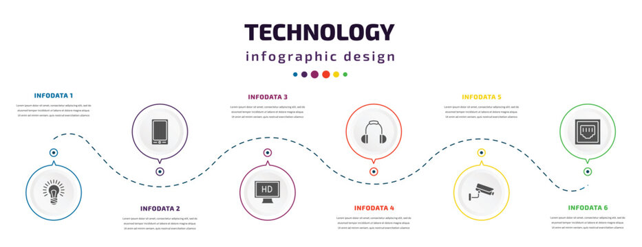 technology infographic element with icons and 6 step or option. technology icons such as big light bulb, tablet with picture, hd monitor, big headphones, surveillance camera, telephone connector