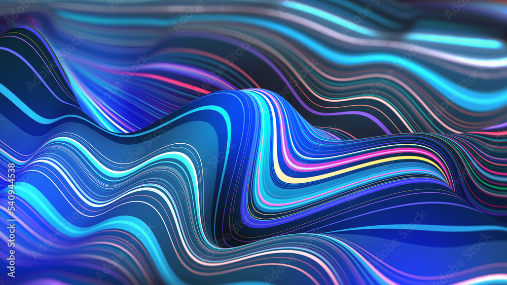 Aufkleber Abstract waves of digital surfaces. Soft fluidity of abstract data flow, stream. 3D illustration of stripes swirling on surface of water