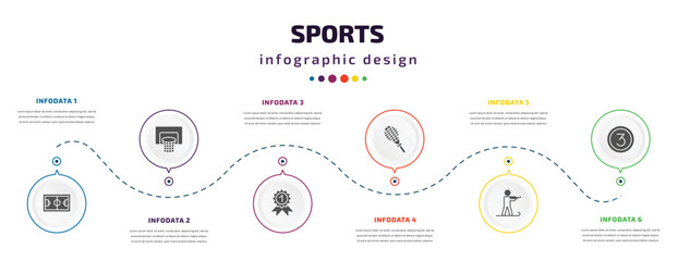 Fototapeta na wymiar sports infographic element with icons and 6 step or option. sports icons such as football pitch, basketball basket, golden medal, squash, biathlon, third vector. can be used for banner, info graph,